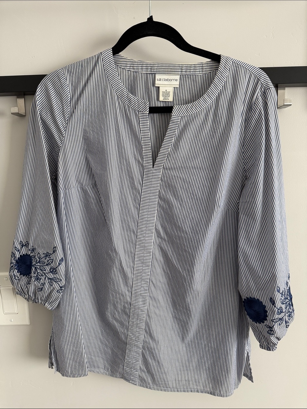 Liz Claiborne Navy and White Striped Blouse with Embroidered Sleeves